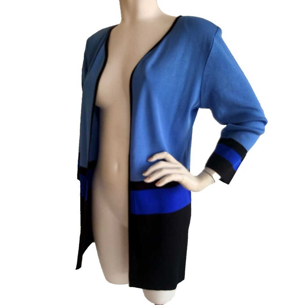EXCLUSIVELY MISOOK Cardigan Jacket Blue Colorblock Open Front 3/4 Sleeve Size XS